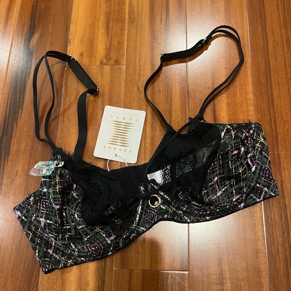 New NWT Savage x Fenty Black Plaid Bra Lace Underwire Intimates Lingerie 34D‎